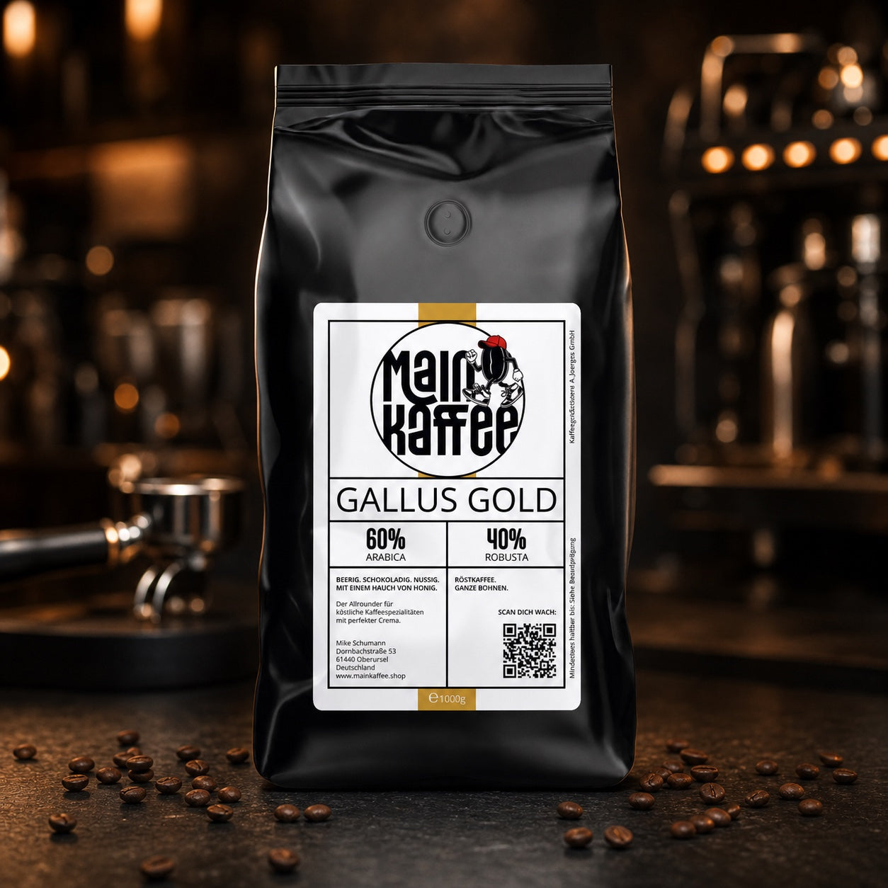 Gallus Gold Kaffeetüte vor einer Siebträgermaschine